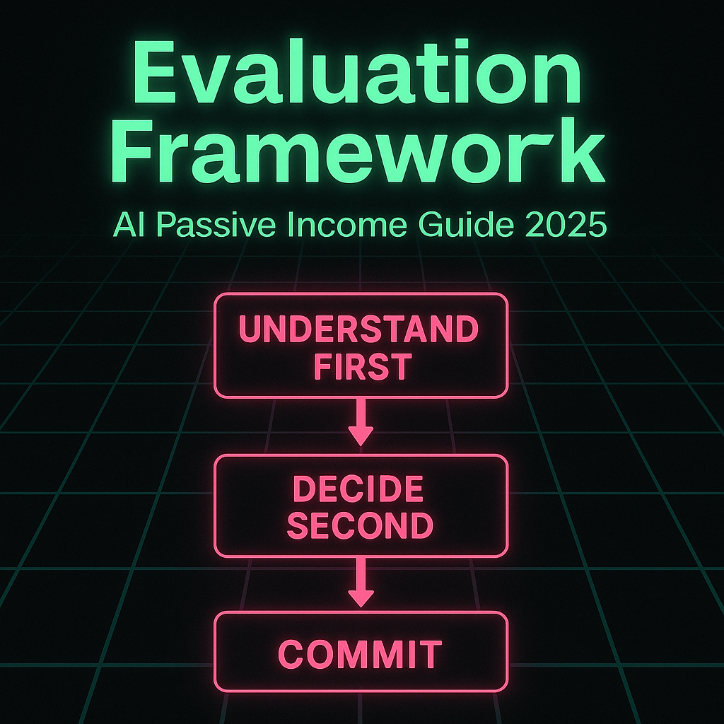 Dark abstract AI checklist representing an evaluation framework for passive income platforms.